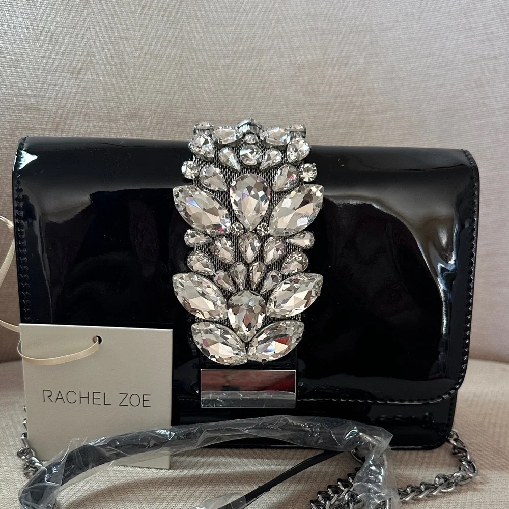 Rachel Zoe Glossy Black Clutch with Crystal Accents